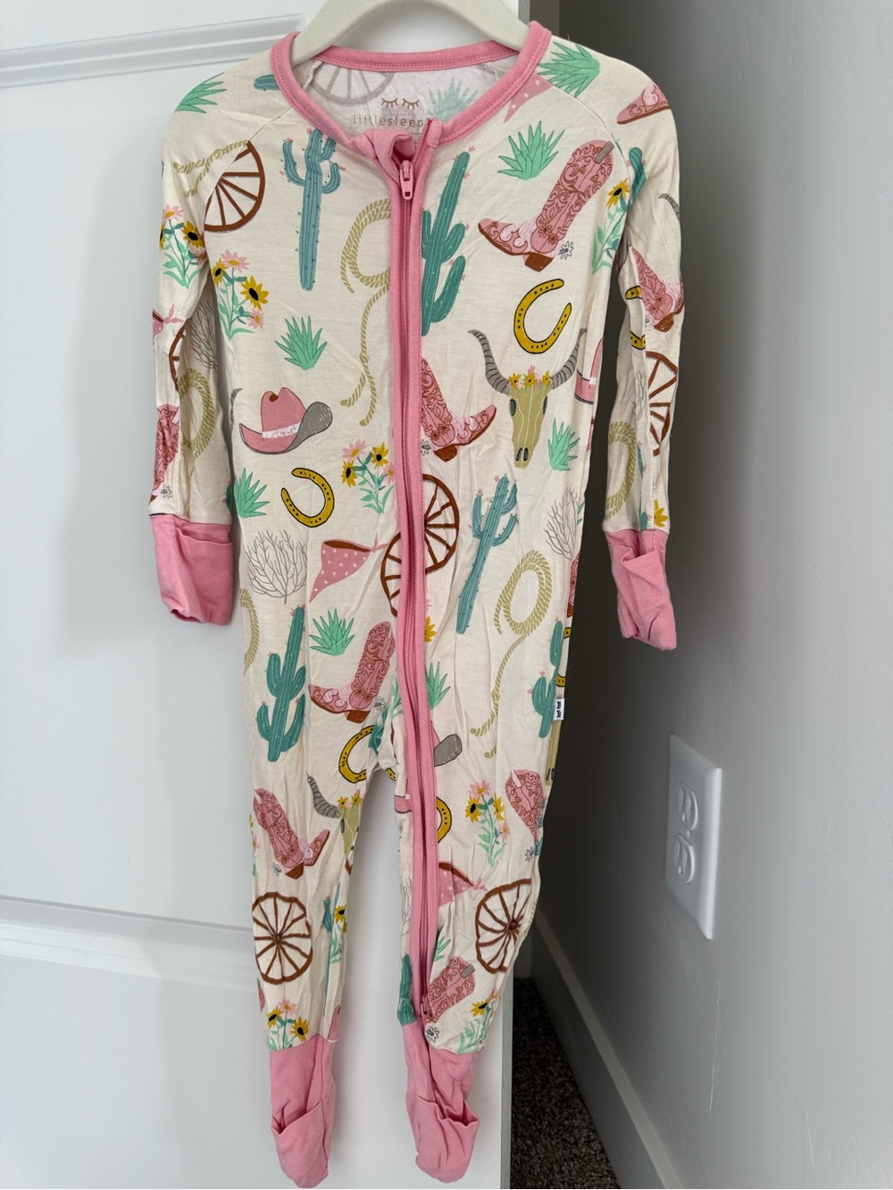 Little Sleepies Cream One-Piece Footie with Pink Trim and Western Print